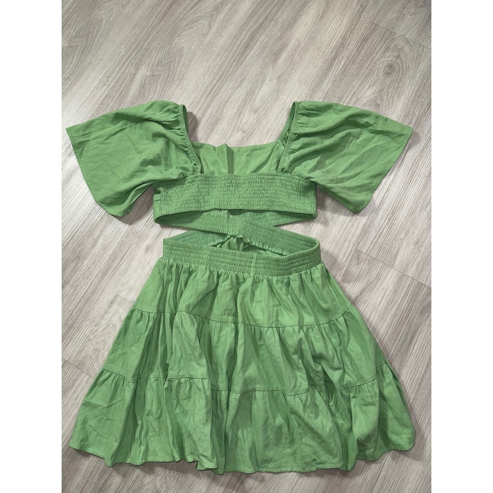 Shy Velvet Womens Green Cotton Cutout Tiered Mini Dress Flutter Sleeve Size M - Picture 8 of 11